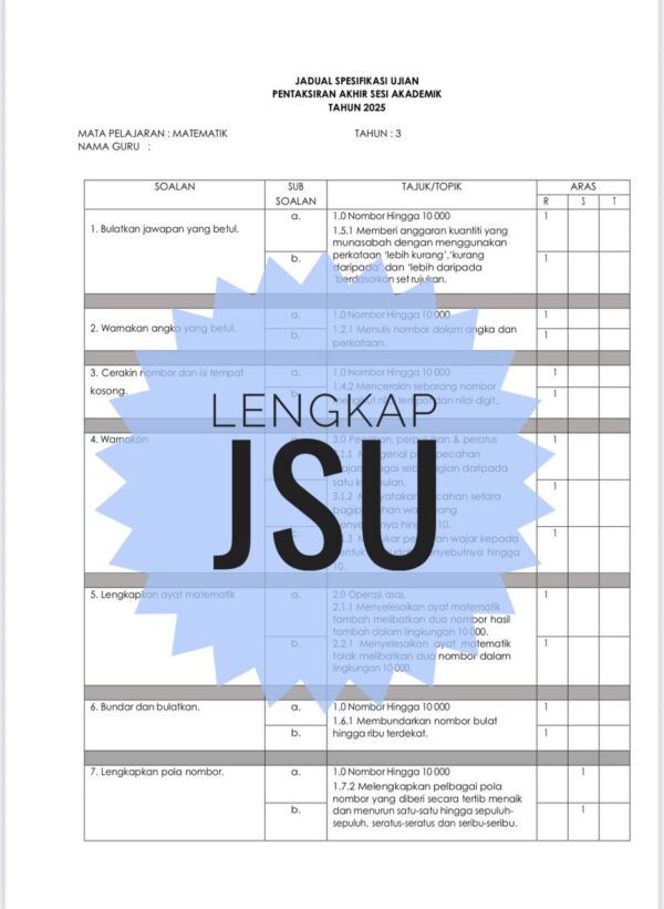 PASA - Matematik Tahun 3 2025/2026 (Set 1) - Image 2