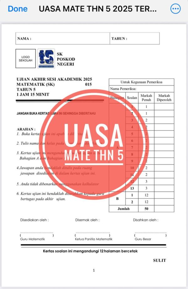 UASA - Matematik Tahun 5 2025/2026 (Set 2C) - Image 2