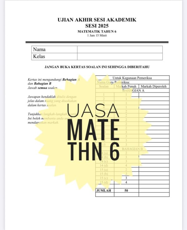 UASA - Matematik Tahun 6 2025/2026 (Set 1A - JSU) - Image 4
