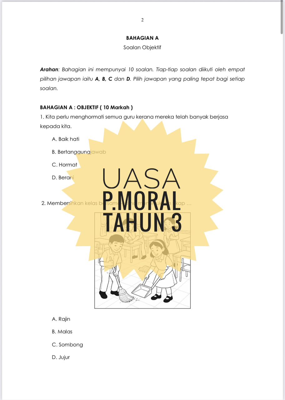 UASA - Pendidikan Moral Tahun 3 2025/2026 (Set 1A - JSU) UASA - Pendidikan Moral Tahun 3 2025/2026 (Set 1B) - Image 3