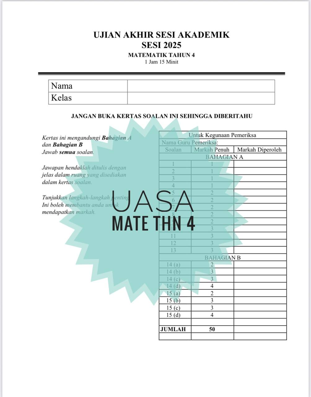 SET COMBO UASA TAHUN 4 2025 (4 set soalan) SET COMBO UASA TAHUN 4 2025 (4 set soalan) - Image 5