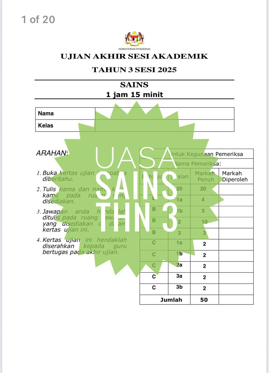 SET COMBO UASA TAHUN 3 2025 (4 set soalan) SET COMBO UASA TAHUN 3 2025 (4 set soalan) (Copy) - Image 5