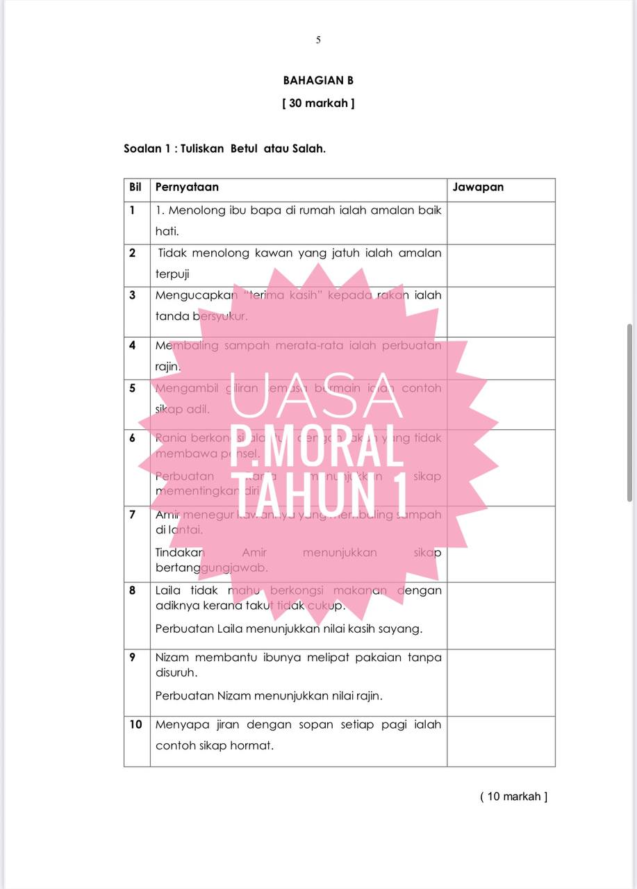 UASA - Pendidikan Moral Tahun 1 2025/2026 (Set 1A - JSU) UASA - Pendidikan Moral Tahun 1 2025/2026 (Set 1B) - Image 4