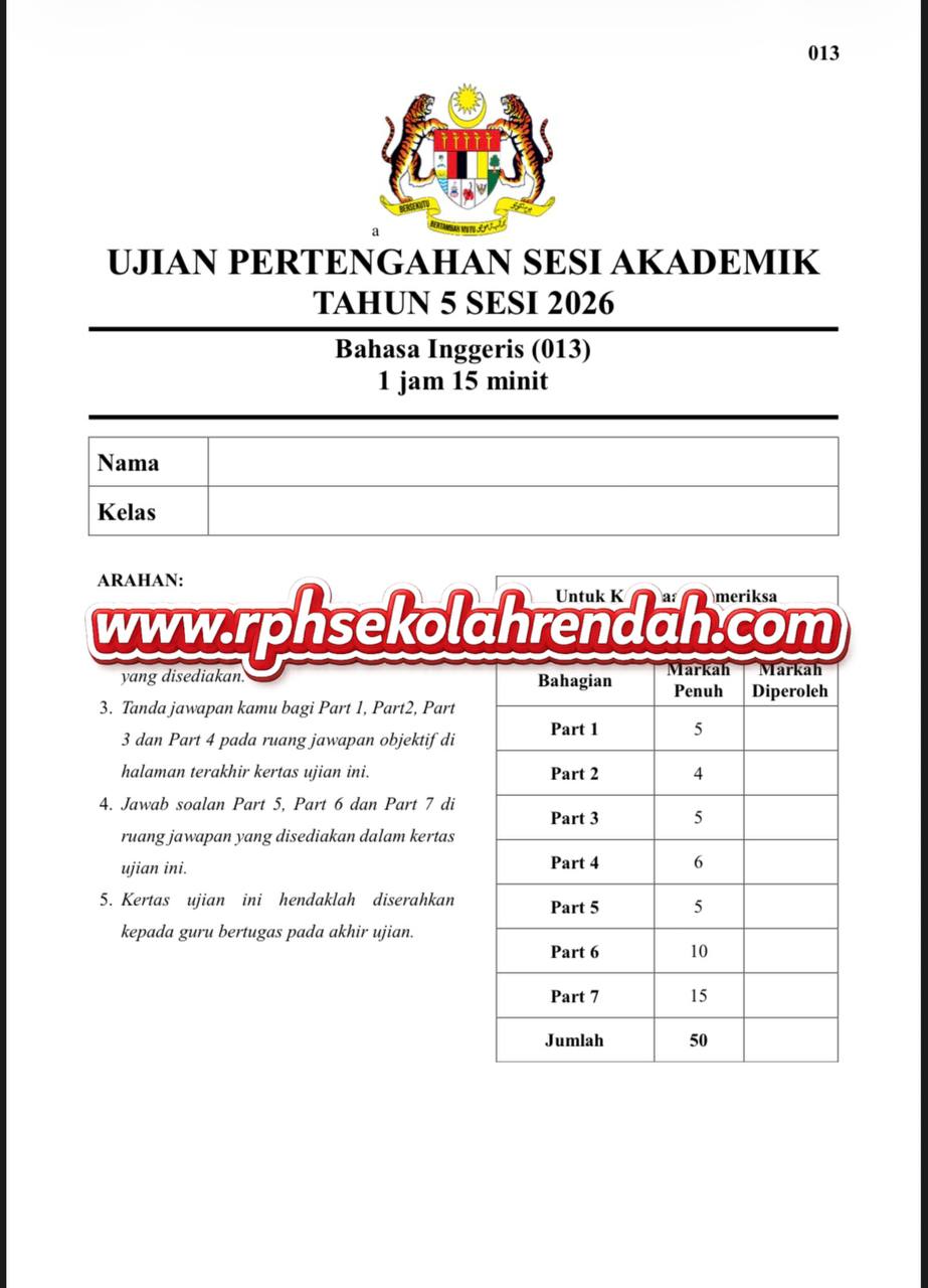 UPSA - Bahasa Inggeris Tahun 5 2026 (Set 2 - Soalan Sahaja) UPSA - Bahasa Inggeris Tahun 5 2026 (Set 2 - Soalan + JSU + JSI) - Image 2