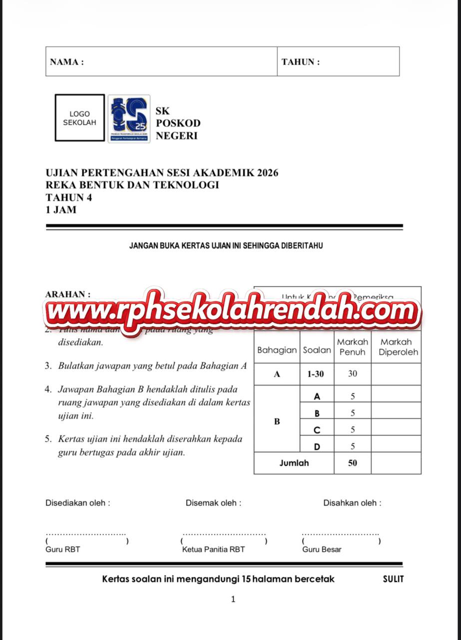 UPSA - Reka Bentuk Dan Teknologi Tahun 4 2026 (Set 1 - Soalan + JSU + JSI) UPSA - Reka Bentuk Dan Teknologi Tahun 4 2026 (Set 1 - Soalan + JSU + JSI) - Image 2