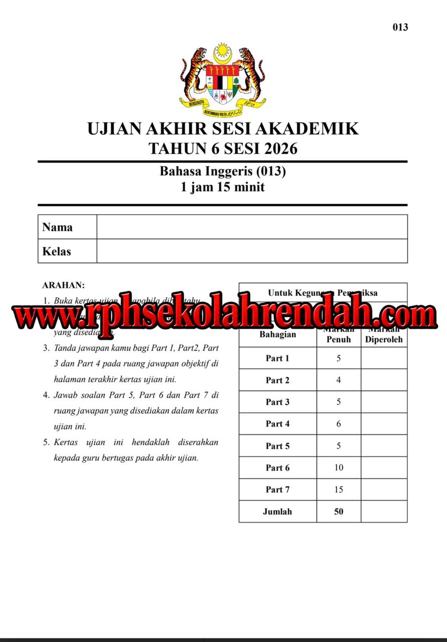 UASA - Bahasa Inggeris Tahun 6 2026 (Set 1 - Soalan+JSU+JSI) UASA - Bahasa Inggeris Tahun 6 2026 (Set 1 - Soalan Sahaja) - Image 2