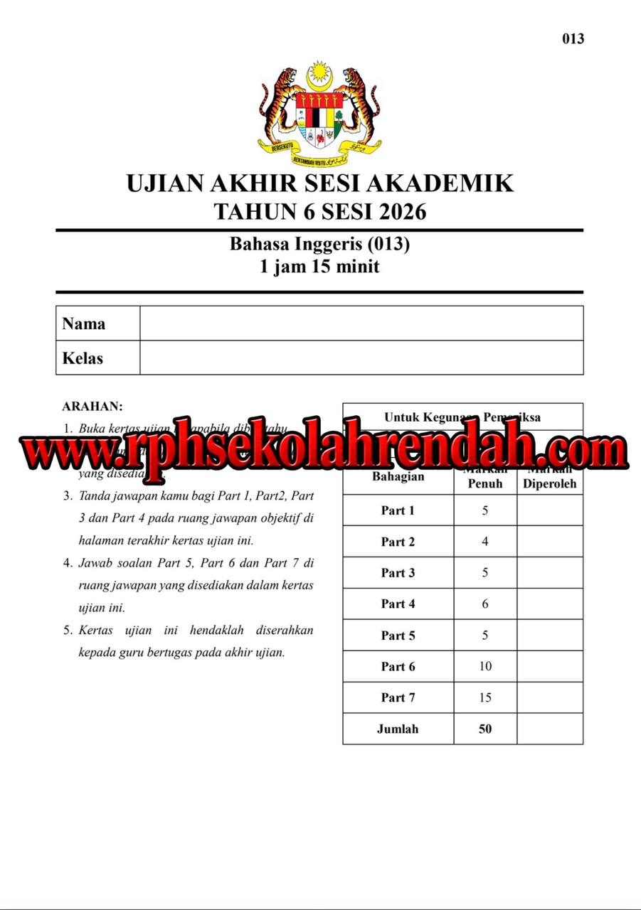 UASA - Bahasa Inggeris Tahun 6 2026 (Set 2 - Soalan+JSU+JSI) UASA - Bahasa Inggeris Tahun 6 2026 (Set 2 - Soalan Sahaja) - Image 2