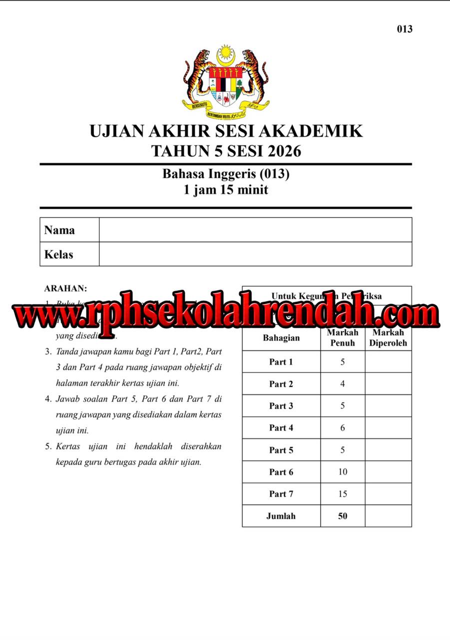 UASA - Bahasa Inggeris Tahun 5 2026 (Set 1- Soalan + JSU) UASA - Bahasa Inggeris Tahun 5 2026 (Set 1- Soalan + JSU) - Image 2