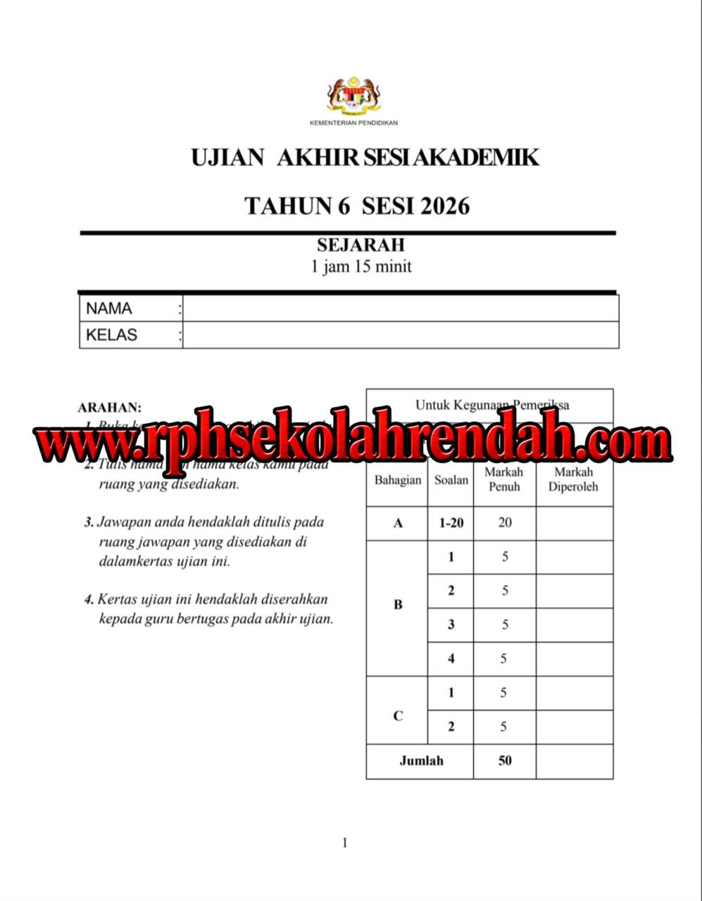 UASA - SEJARAH Tahun 6 2026 (Set 2 - Soalan Sahaja) UASA - SEJARAH Tahun 6 2026 (Set 2 - Soalan Sahaja) - Image 2