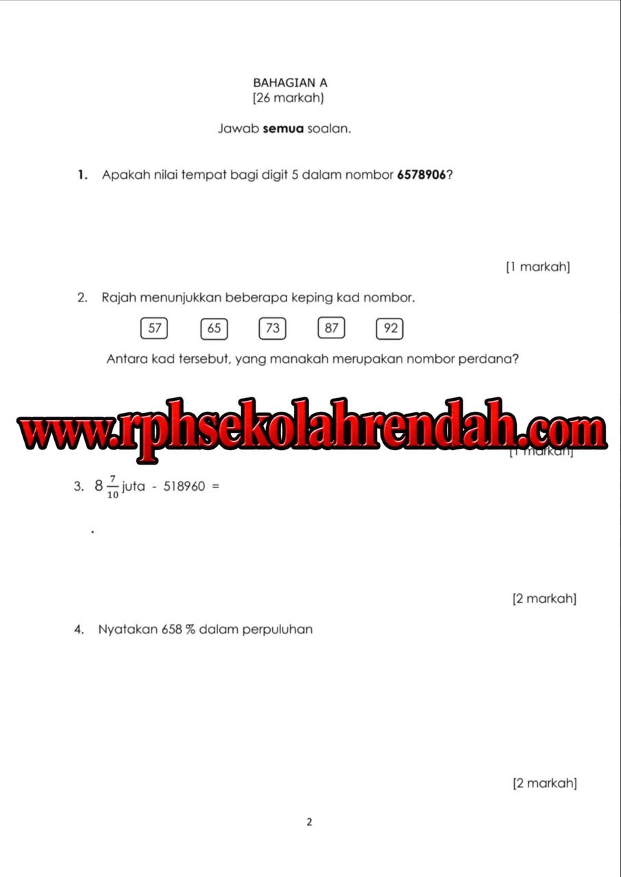 UASA - Matematik Tahun 6 2026 (Set 1 - Soalan + JSU) UASA - Matematik Tahun 6 2026 (Set 1 - Soalan + JSU) - Image 3